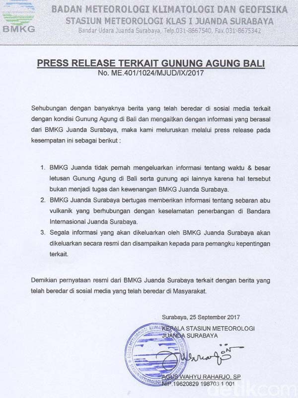 Kata BMKG Soal Broadcast Gunung Agung Meletus Berimbas ke Surabaya