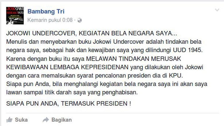 Bambang Tri, Penulis Buku 'Jokowi Undercover' Ditangkap Polisi