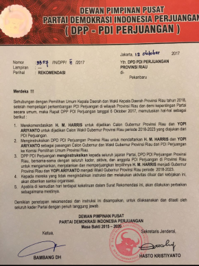 DPP PDIP Benarkan SK Usung M Harris-Yopi Ariyanto di Pilgubri 2018