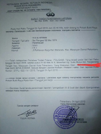 Oknum Anggota DPRD Riau Dipolisikan Istrinya  Karena Dituding Poligami