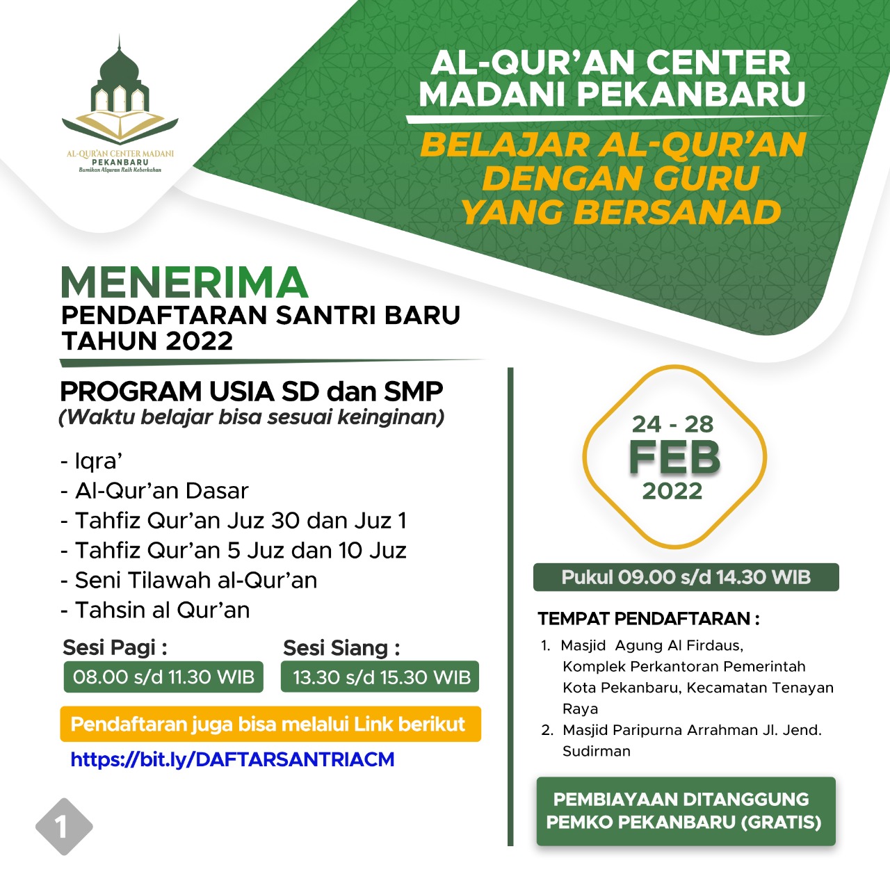 Buruan Daftar! Al-Qur'an Center Madani Pekanbaru Terima Santri Baru